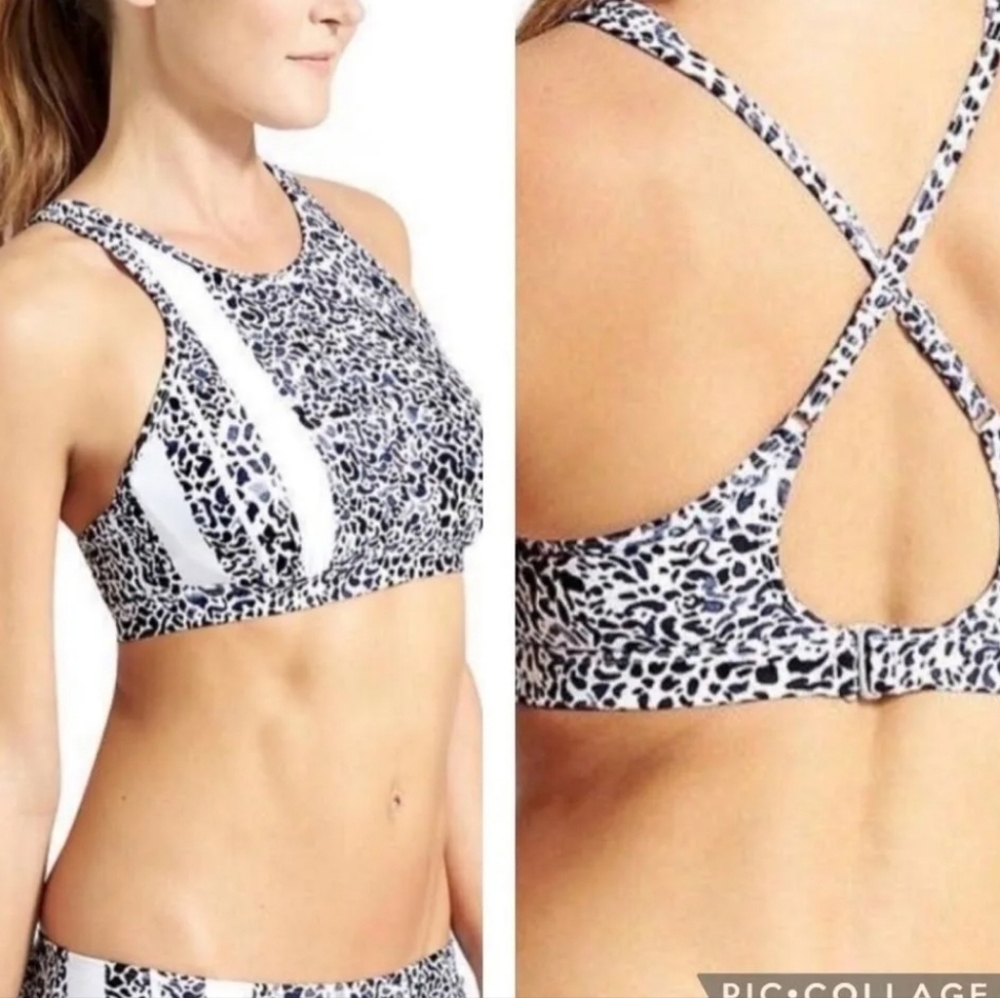 Athleta Zimbabwe High Neck Swim Bikini Top Cream Blue sz 32 B/C - Picture 1 of 6